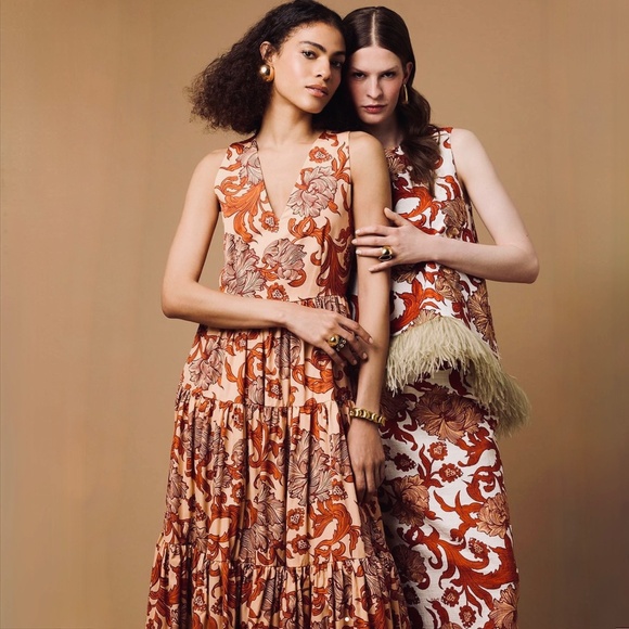 La DoubleJ Big Reef Tiered Floral Print Tiered Silk & Cotton Blend Skirt MNEW